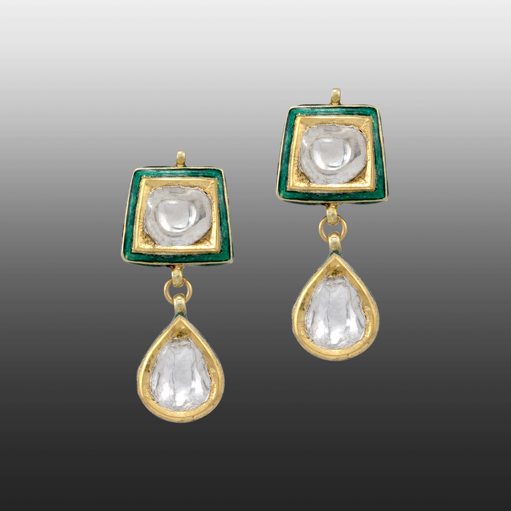 Green Meenakari Earrings with Polki and Pear-Shaped Drop